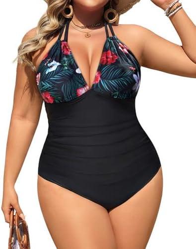 Aqua Eve Plus Size Swimsuits One Piece Bathing Suit for Women Tummy Control Sexy Halter Swimwear, Size 18W