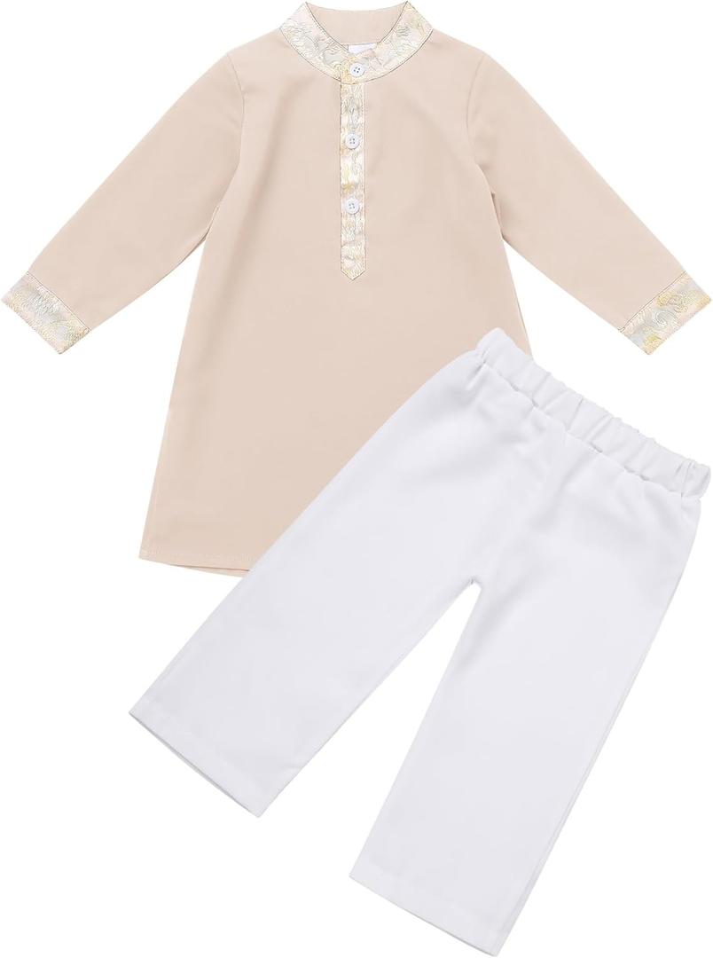 IDOPIP Muslim Baby Boys Outfits Embroidered Ramadan Eid Thobe Robe with Pants Long Sleeve Arabic Islamic Kaftan Abaya Clothes (2-3T, Apricot + White)