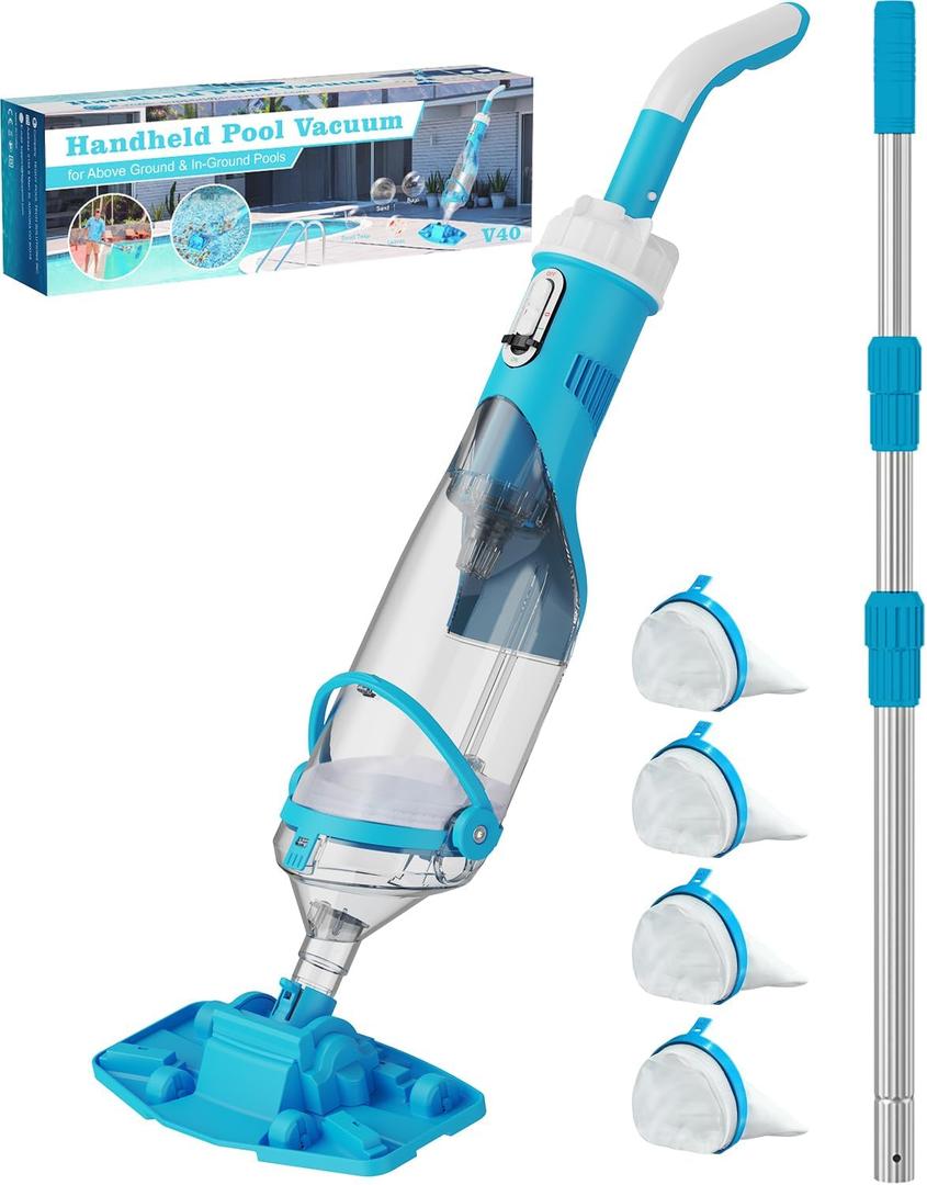 Cordless Pool Vacuum with Telescopic Pole, 18.5 GPM Powerful Suction, 1.5H Supercharge Technology, Handheld Pool Vacuum Cleaner for Above Ground/Inground Pools, Hot Tubs, Sky Blue