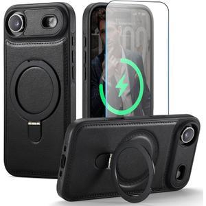 iPhone 17 Air Case with Stand, Compatible with MagSafe, Slim PU Leather & TPU Protective Magnetic Kickstand Phone Cases with Tempered Glass Screen Protector for iPhone Air 6.5", Black