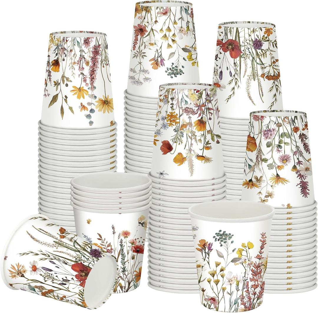 Pickmesh 100 Pcs Vintage Flowers Paper Cups Christmas Disposable Cup 9 oz Tea Drinking Disposable Paper Cups for Holiday Party Supplies Decorations(Autumn Wildflowers)