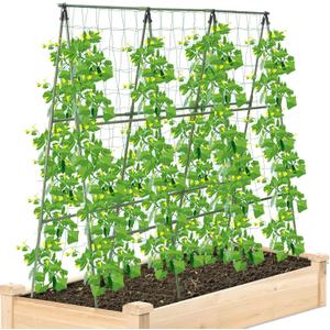 Cucumber Trellis for Raised Bed, 2 Pack 4ft Tall A-Frame, Garden Trellis for Climbing Plants Outdoor, Perfect for Vines, Beans - Green with Netting