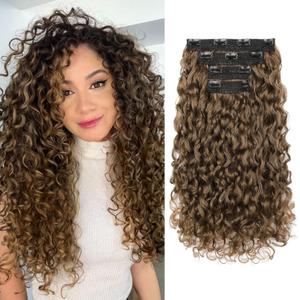 REECHO Curly Hair Extensions - 4PCS 18" GoGo Clip in Hair Extensions 100% Super Protein Hairpieces with Invisible Lace Weft Silky Soft Natural Look for Women - Golden Walnut