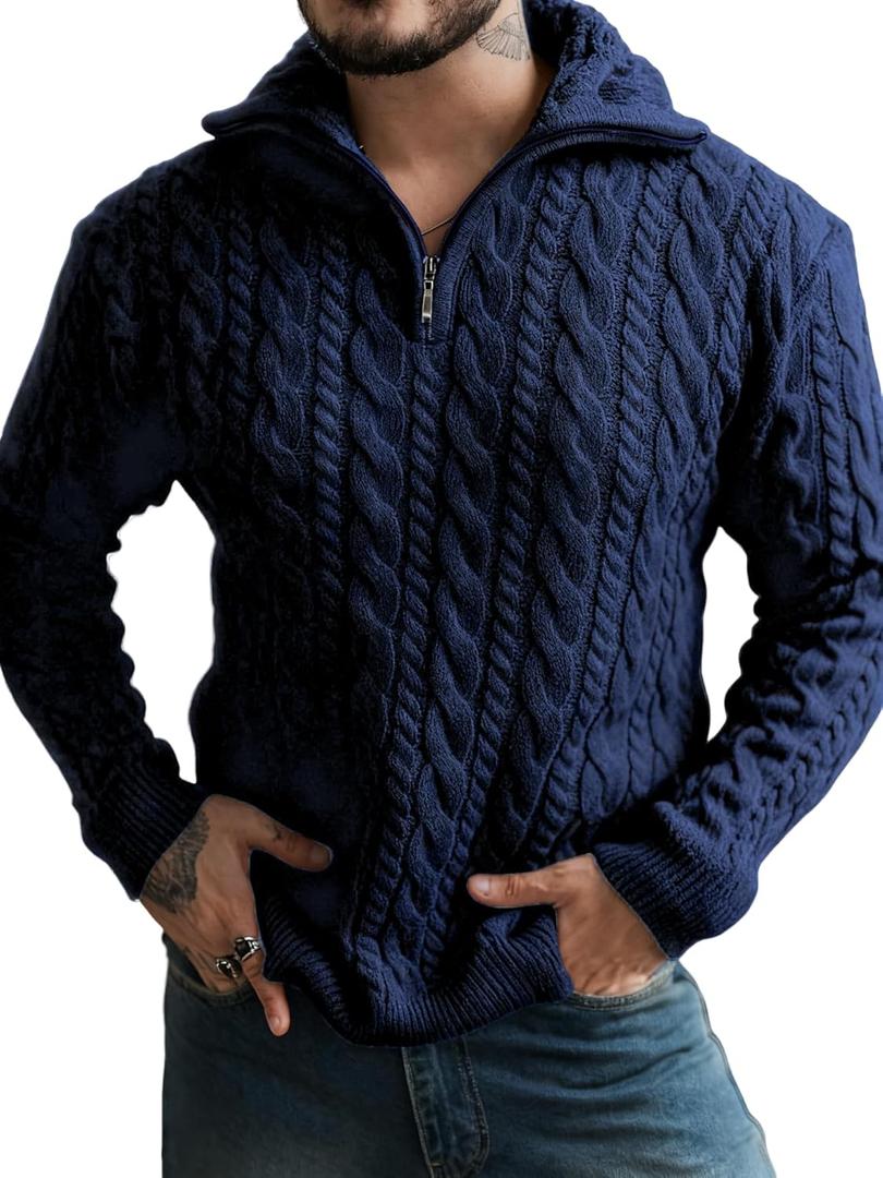 Yousify Mens Quarter-Zip Pullover Sweater Casual Mock Neck Cable Knitted Winter Warm Chunky Polo Sweaters (Blue, M)