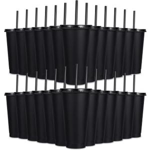 24 Pack Plastic Tumblers with Lids and Straw, Reusable Cups with Lids and Straws Colorful Cups for Cold Drink Iced Coffee, Plastic Tumbler Bulk for Party Birthday Gifts (24 oz, Stylish Colors-Black)