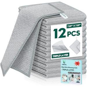 VMKBL 12 Pcs New Upgraded 3 Layers Non Scratch Wire Dishcloth, Multipurpose Wire Dishwashing Rags, Wet & Dry for Cookware, Sinks, Dishes, Stoves & Fireplaces (7.87 x 7.87-12pcs), Pack Of 2
