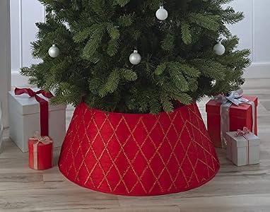 New Traditions Red Satin Christmas Tree Collar with Criss Cross Tinsel – 26" Diameter Fabric Stand Band for Artificial & Natural Trees – Tree Skirt Alternative, Collapsible