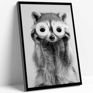 Framed Raccoon Bathroom Wall Art, Funny Black and White Raccoon with Toilet Paper Roll Glasses Canvas, Whimsical Animal Bathroom Decor, 8x10 Inches, for Bathroom Powder Room Spa