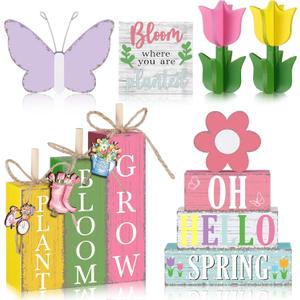 Vercraft 11 Pcs Spring Table Decorations Tulips Tiered Tray Decor Butterflies Home Centerpiece Decorative Wood Books Table Top Decor Flower Wooden Sign for Party Supplies