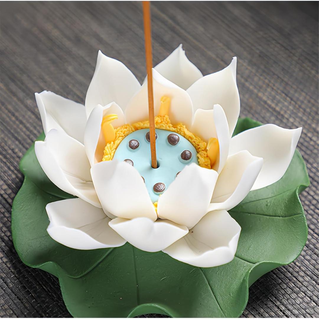 Lotus Incense Holder - White Ceramic Bloom with Leaf Tray, Aromatherapy Decor, Meditation Gift Set, Zen Home Office Desk Altar Decor (Handmade, Ash Catcher, Unique Holiday Present)