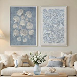 Framed Abstract Coastal Blue White Wall Art for Living Room, Set of 2 Ocean Shell Waves Lines Canvas Artwork for Walls, Large Minimalist Modern Cool Tone Print Wall Decor for Bedroom Office, 24x36 In, 24" W x 36" H x 2Pcs