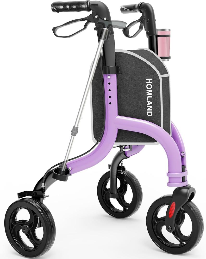 HOMLAND 3 Wheel Walkers for Seniors, Foldable Wheeled Rollator with Cane Hold and Cup Hold, Lightweight Three Wheel Rolling Walker Height Adjustable for Seniors (Purple)