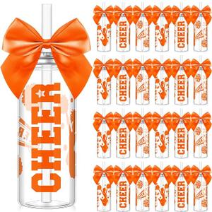 24 Pcs Cheerleader Gift Bulk for Team Cheer Cups 14 oz Bow Water Bottle Plastic Cheer Tumblers with Lid and Straw for Cheerleader Sport Party Favor Senior Night Gift (Orange)
