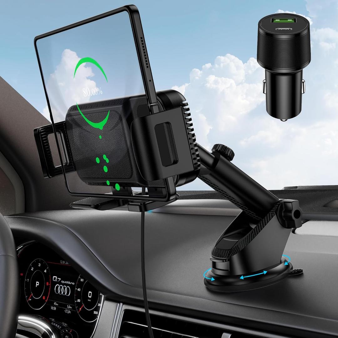 Wireless Car Charger Mount, 15W Dual Coil Rotatable Car Phone Holder Wireless Charger for Samsung Galaxy Z Fold 7/6/5/4/3/2, Z Flip, S25/S24/S23/S22 Series and iPhone, Car Charger Included (Black)