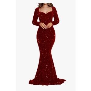 Sparkly Sequin Prom Dresses for Women Long Sleeves Mermaid Wedding Guest Dresses Sweetheart Neck Evening Gowns with Train, M/L