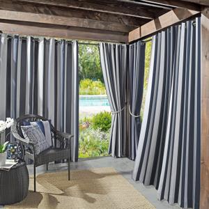 Sun Zero Valencia 2-Pack Cabana Stripe Indoor/Outdoor UV Protectant Energy Efficient Grommet Curtain Panel Pair (54"W x 95"L (Pack of 2), Indigo Blue)