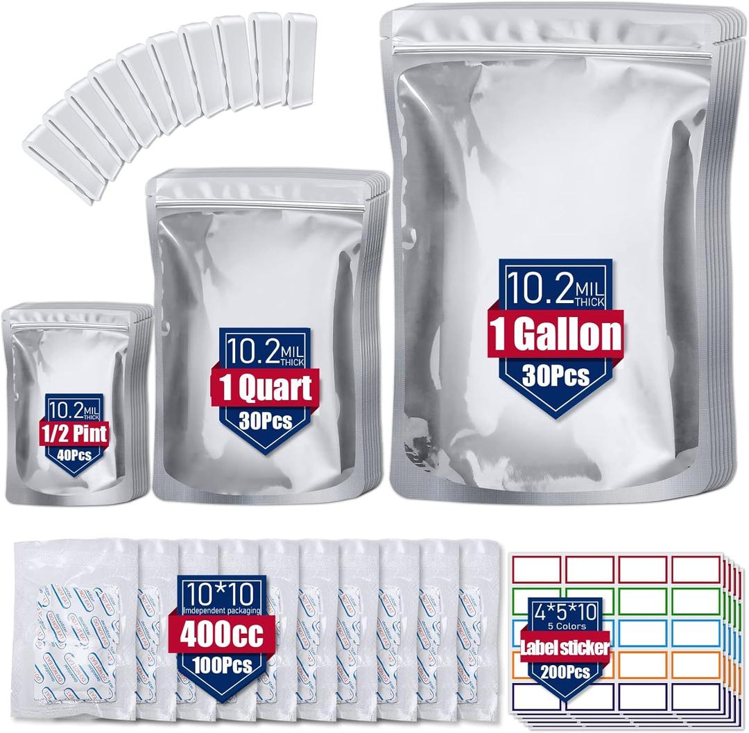100 Pack 10.2 Mil Mylar Bags for Food Storage with Oxygen Absorbers 400cc (10 x 10 Packs) and 200 Pcs Color Labels - 10*14 / 6* 9 / 4.3*6.3 Resealable Zipper Mylar Bag for Long Term Food Storage