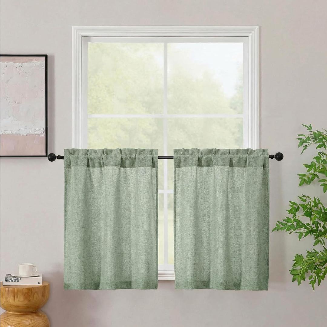 Simplebrand Sage Green Tiers for Windows 24 Inch Length 2 Pcs, Faux Linen Kitchen Tiers Farmhouse Rustic Semi Small Window Treatments Light Filtering Curtains Toppers for Living Room Bathroom