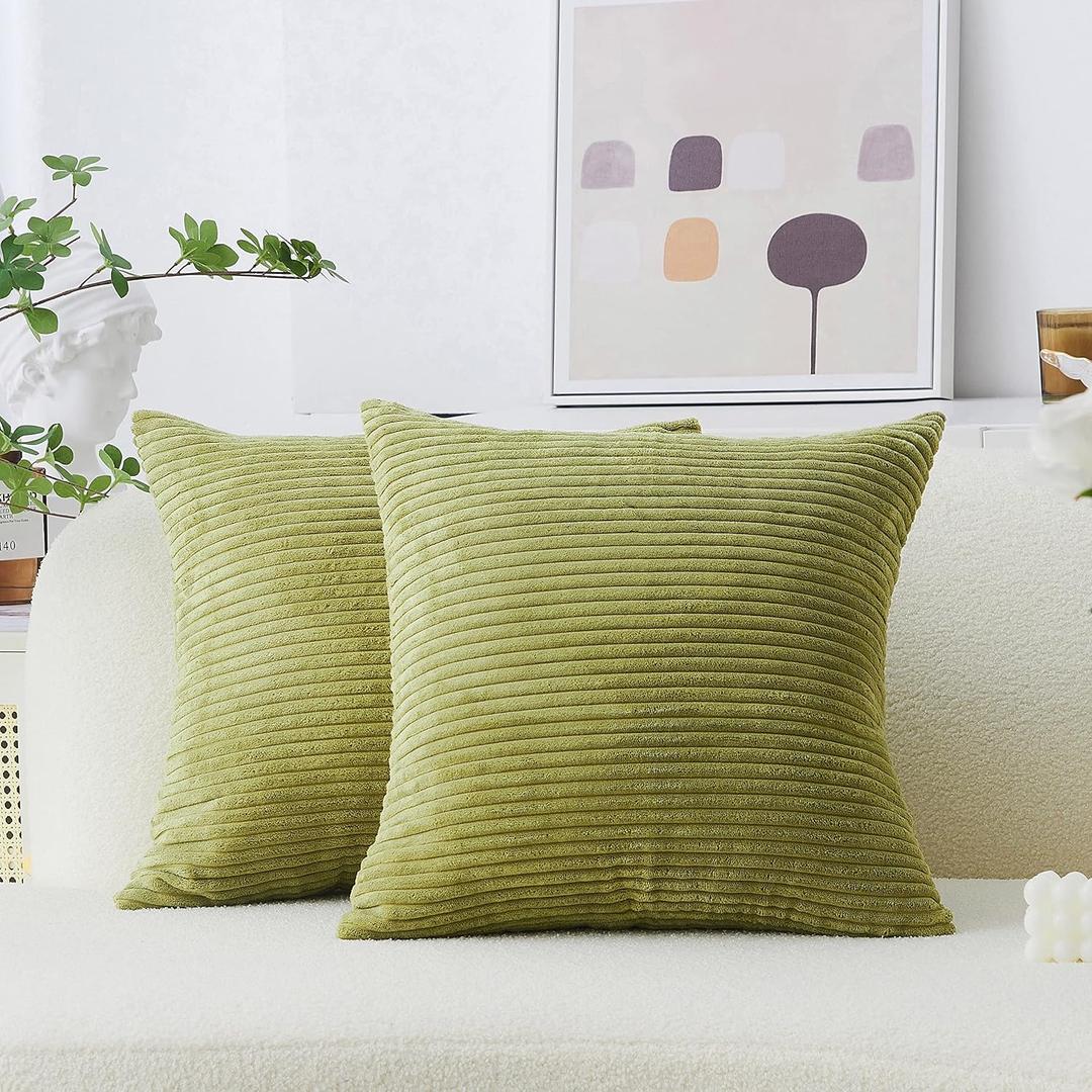 Home Brilliant Set of 2 Green Summer Pillow Covers Euro Pillow Shams 26x26 Striped Velvet Corduroy Decorative Europe Sham Throw Pillow Covers for Sofa Couch, 26 x 26 inch, Grass Green