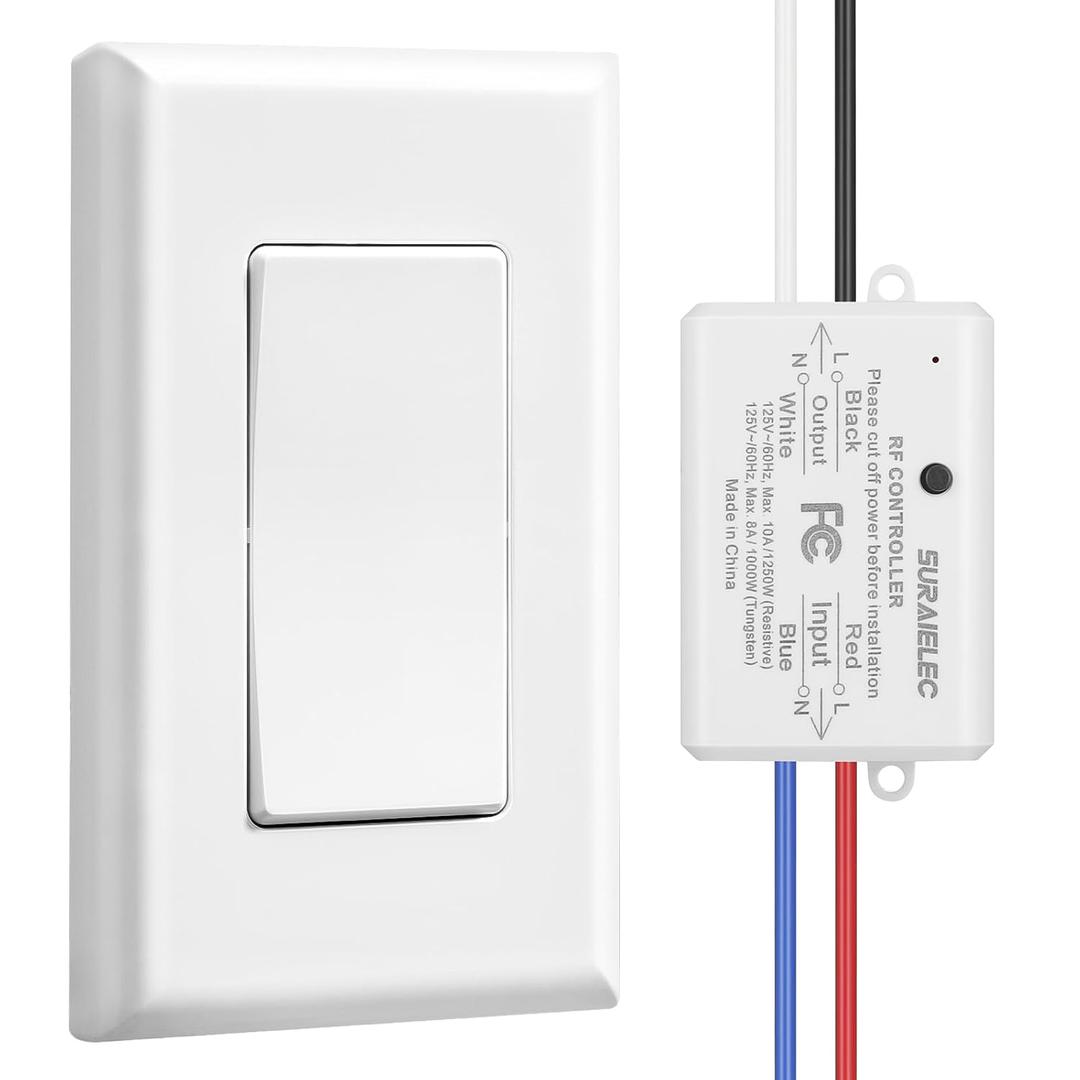 Suraielec Wireless Remote Light Switch, No Wiring, No WiFi, 100ft RF Range, Pre-Programmed, Expandable Wireless Wall Switch and Receiver Kit, Remote Control Light Fixture for Lamp, Ceiling Light, Fan Suraielec Wireless Remote Light Switch, No Wiring, No WiFi, 100ft RF Range, Pre-Programmed, Expandable Wireless Wall Switch and Receiver Kit, Remote Control Light Fixture for Lamp, Ceiling Light, Fan