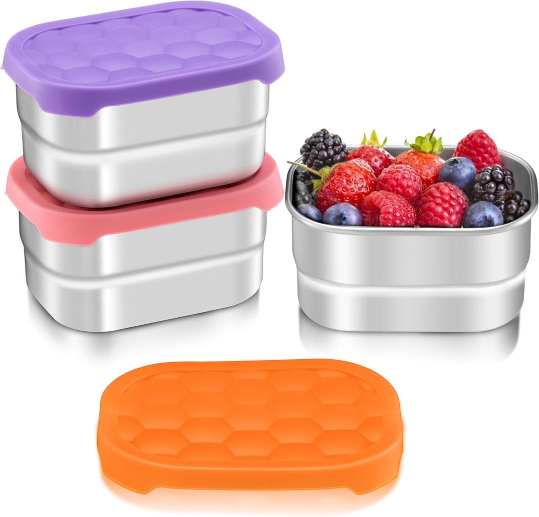 HaWare Stainless Steel Snack Containers for Toddlers and Kids, 8 oz Leak Proof Food Storage Containers with Silicone Lids, Stackable & Reusable Small Metal Lunch Box for Daycare and School- 3 Packs (Colorful)