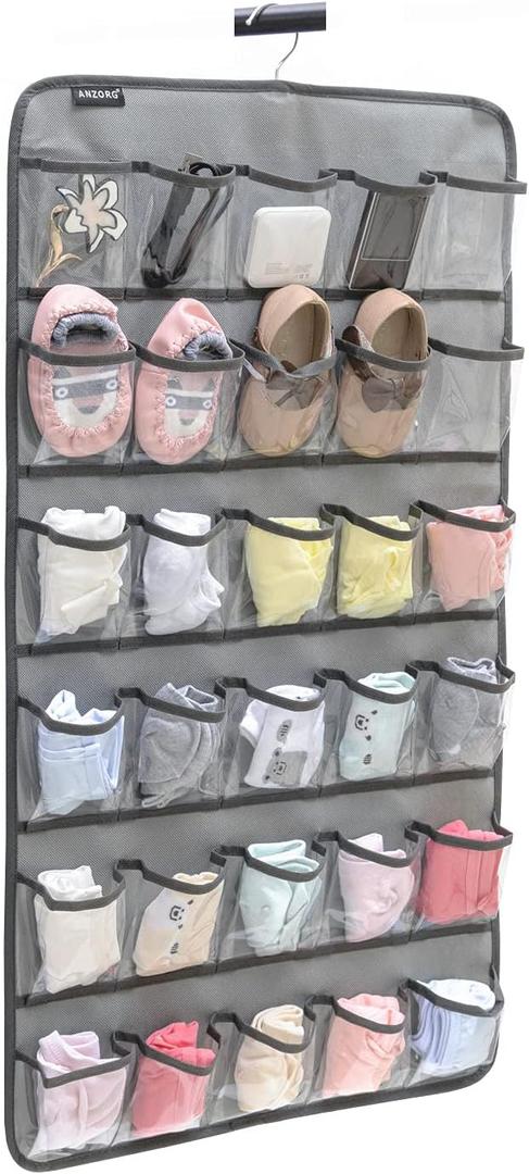 Hanging Baby Shoes Organizer Baby Headband Holder Closet Organizer for Baby Bow Socks Underwear with 30 Clear Pockets (GREY)