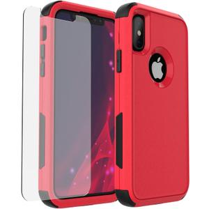X-belmox for iPhone XR Phone Case [Dropproof] [Shockproof] 3-Layers Heavy Duty Drop Protection, Cover for iPhone XR 6.1 Inch with Tempered Glass Screen Protector, Rugged XR Phone Case - Red Black
