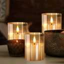 Tyawon Glass Battery Operated LED Flameless Candles with Remote and Timer, Real Wax Candles Warm Color Flickering Light for Festival Wedding Home Party Decor(Pack of 3)-Gold