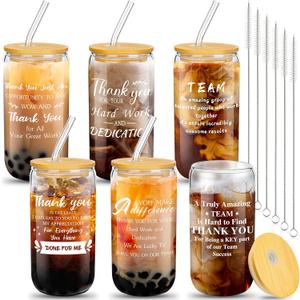 6 Set Employee Appreciation Gifts Glass Cups Bulk Thank You Gifts for Team Coworkers Staff Teachers and Nurses 16 oz Can Shaped Glass Cups with Bamboo Lids and Straws(Kind Style)