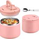 14oz Insulated Vacuum Food Jar with Buckle Lid, Soup Thermo for Hot Food Kids, Wide Mouth Leakproof Stainless Steel Lunch Container with Spoon-Pink