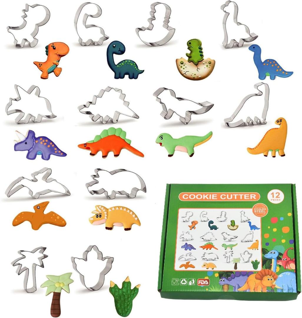 12 Pcs Stainless Steel Dinosaur Cookie Cutters - Footprint, Dinosaur Eggs, Brontosaurus, Camarasaurus, Stegosaurus, Triceratops