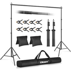 EMART Backdrop Stand 10x7.8ft(WxH) Photo Studio Adjustable Background Stand Support kit with 2 Crossbars, 8 Clamps, 2 Sandbags and Carry Bag for Parties, Events Decoration, Wedding, Photography (Black)