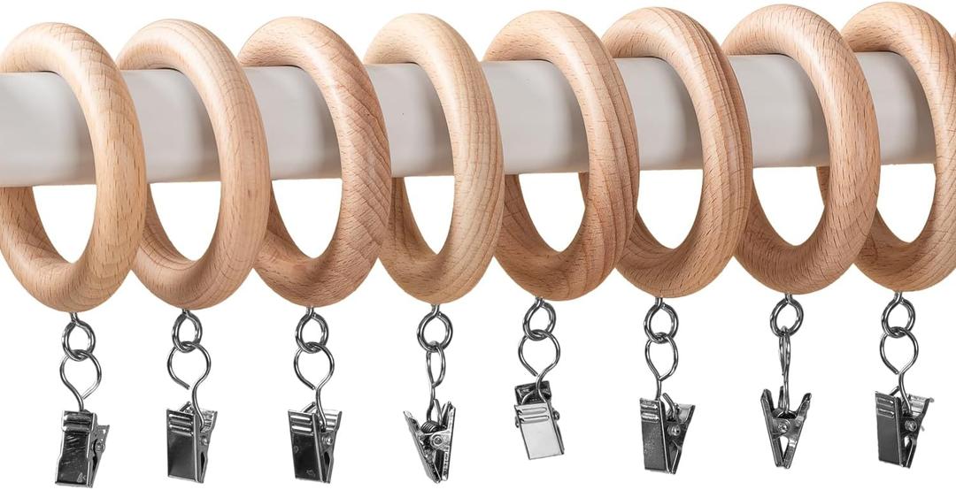 Rustic Wood Curtain Clip Rings - 24 Pack, Farmhouse Drapery Clips for 1.1 Inch Curtain Rod, 1.42 Inner Diameter, Easy Clip-On Design for Drapes & Valances, Enhance Your Home Decor
