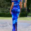 PRETTYGARDEN Cocktail Dresses for Women 2026 Summer Floral Off Shoulder Ruched Mesh Elegant Wedding Guest Maxi Dress (Blue)