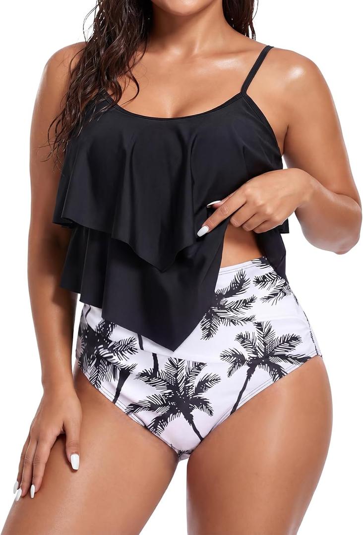 Womens Tankini Swimsuits High Waisted Bathing Suits Tummy Control Ruffled Top Swimwear Two Piece Swimming Suits 02 Black White 6-8