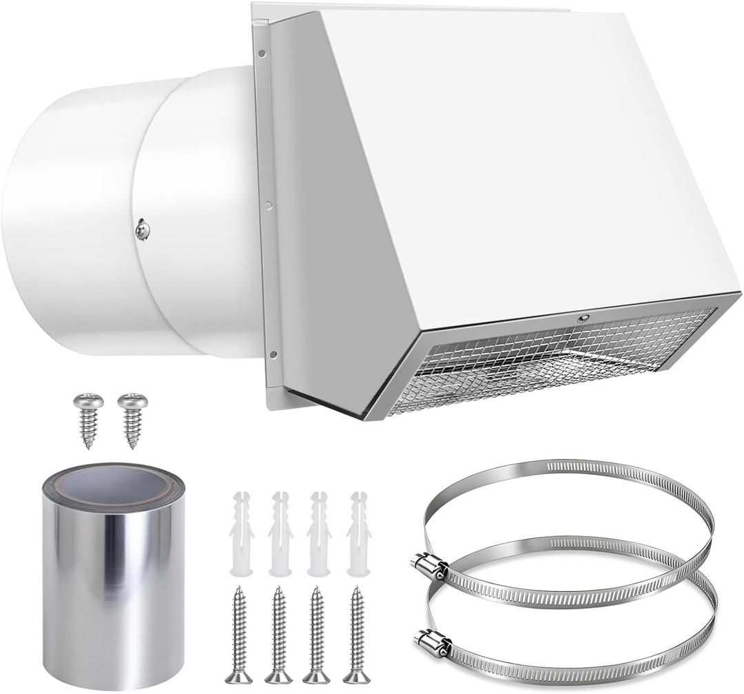 8 Inch Hooded Wall Vent with Screen and Damper, 8 Inch Range Hood Wall Vent Cap, Wall Exhaust Vent Cover, Outdoor Hooded Wall Vent for Dryer Vent, Range Hood, Kitchen, White