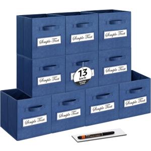 13x13x13 storage cube bins (Set of 10) Fabric storage cubes with 10 Labels Window Cards & a Pen, storage cubes 13x13, Collapsible 13 inch cube storage bins, Cubby Organizer Boxes, Navy Blue