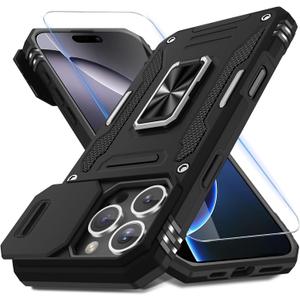 DEERLAMN Case for iPhone 16 Pro Max with Slide Camera Cover+Screen Protector (1 Pack), Rotated Ring Kickstand Military Grade Shockproof Protective Cover-Black