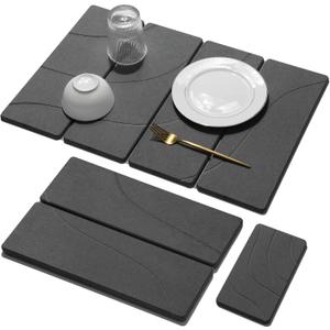 Large Stone Dish Drying Mat for Kitchen Counter, 2 PCS Quick Dry Stone Mats, Foldable Water Absorbing Diatomaceous Earth Drying Dishes Pad for Countertop Bottle Utensil Cup(Carved Gray 24"x16"&8"x4")