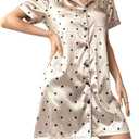 WDIRARA Women's Polka Dots Satin Nightgowns Sleep Shirts Short Sleeve Button Down Nightshirts Sleepwear, Medium