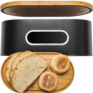 ANGORA BRANDS Large Bamboo Bread Box for Kitchen Countertop 2-Layer High Capacity Bread Bin with Clear Viewing Window Natural Wood Food Storage Organizer by Knivi, 13.63 inches x 5.13 inches