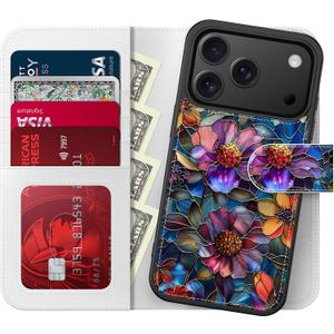 LUHOURI for iPhone 17 Pro Case Wallet - Wireless Charging Compatible Detachable Flip Folio Leather Cover - RFID Blocking 4 Card Slots - Protective Phone Case for Women - Vibrant Defined Blossoms
