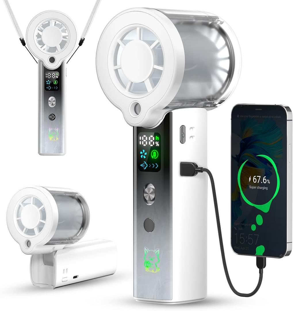 Doge&Vollar 4-in-1 Misting Handheld Fan, High Speed Portable Fan, White, 16000 RPM 1-100 Stepless Speed, 30H Max Runtime Personal Fan, Dual Type-C Flashlight, Wrist Strap Charging Cable