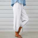 Cotton Casual Capri for Women Elastic High Waisted Loose Lantern Tapered Harem Pants with Pockets (White, M)