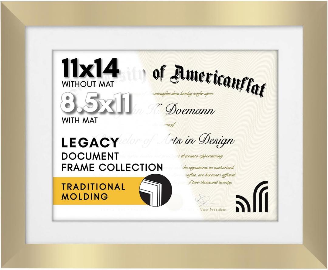 Americanflat 11x14 Diploma Frame with Shatter-Resistant Glass - Use as 8.5x11 Frame with Mat or Display 11x14 Documents Without Mat - Legacy Collection - Certificate Frames for Wall Display - Gold (11x14, Gold)