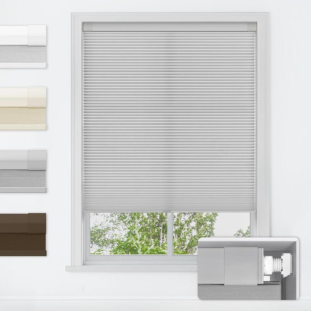 LazBlinds No Tools No Drill Cordless Cellular Shades, Light Filtering Honeycomb Shades for Home, Thermal Insulation Blinds for Windows, 43" W x 64" H, Grey