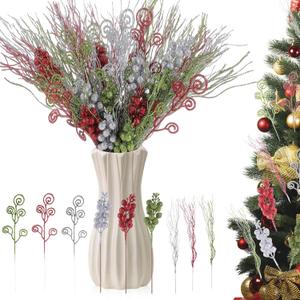 Shinymoon 72 Pcs Red Green Silver Christmas Tree Picks and Sprays Decorations 17'' 12'' 8.6'' Artificial Glitter Christmas Flower Berry Branches Stems for Xmas Tree Wreath Vase Filler Holiday Decor