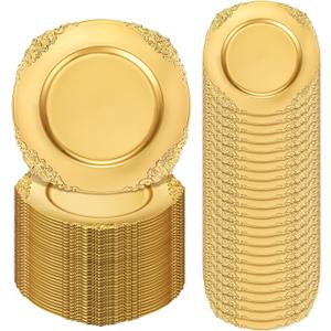 Dandat 50 Pack Gold Charger Plates Plastic 13 inch Round Dinner Plate with Beaded Rim Reusable Charger Service Plates Reliable Chargers for Wedding Party Dinner Table Decoration