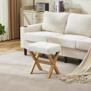 Small Ottoman Foot Rest Stool for Vanity,Modern Wooden X Legs with Padded Seat,Modern Foot Stool Rest,Desk and Makeup Room,Cream White