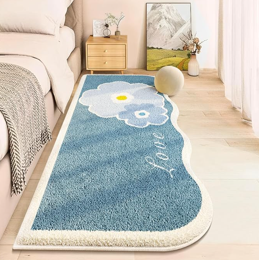 Soft Flower Bedside Rugs for Girls Bedroom,Kid & Pet Friendly 2X6 Ft Washable Non Slip Carpet,Floral Print Mat, Fluffy Shag Throw Area Rug for Kitchen, Laundry, Cute Daisy Blue